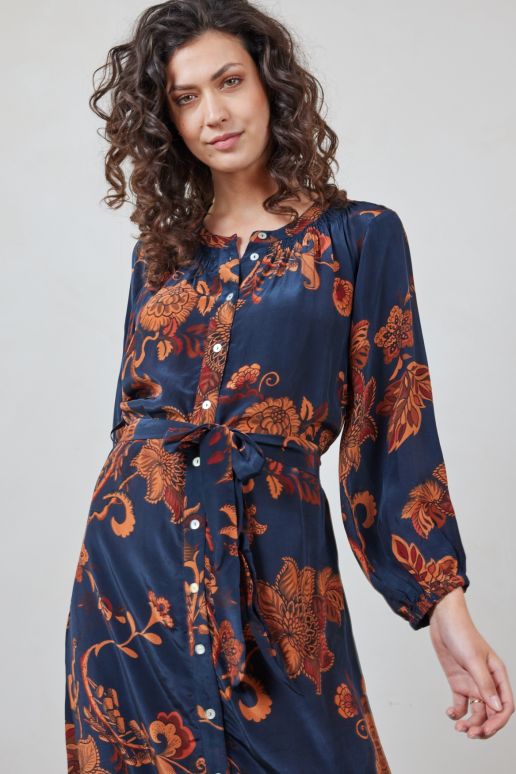 Didi, Divine 5792 Dark Blue Golden Leaves Print - Jurken